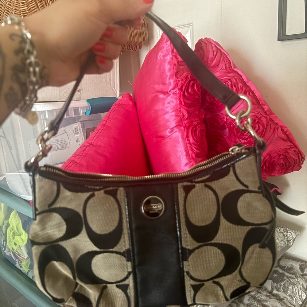 Coach Black and Tan Signature Shoulder Bag